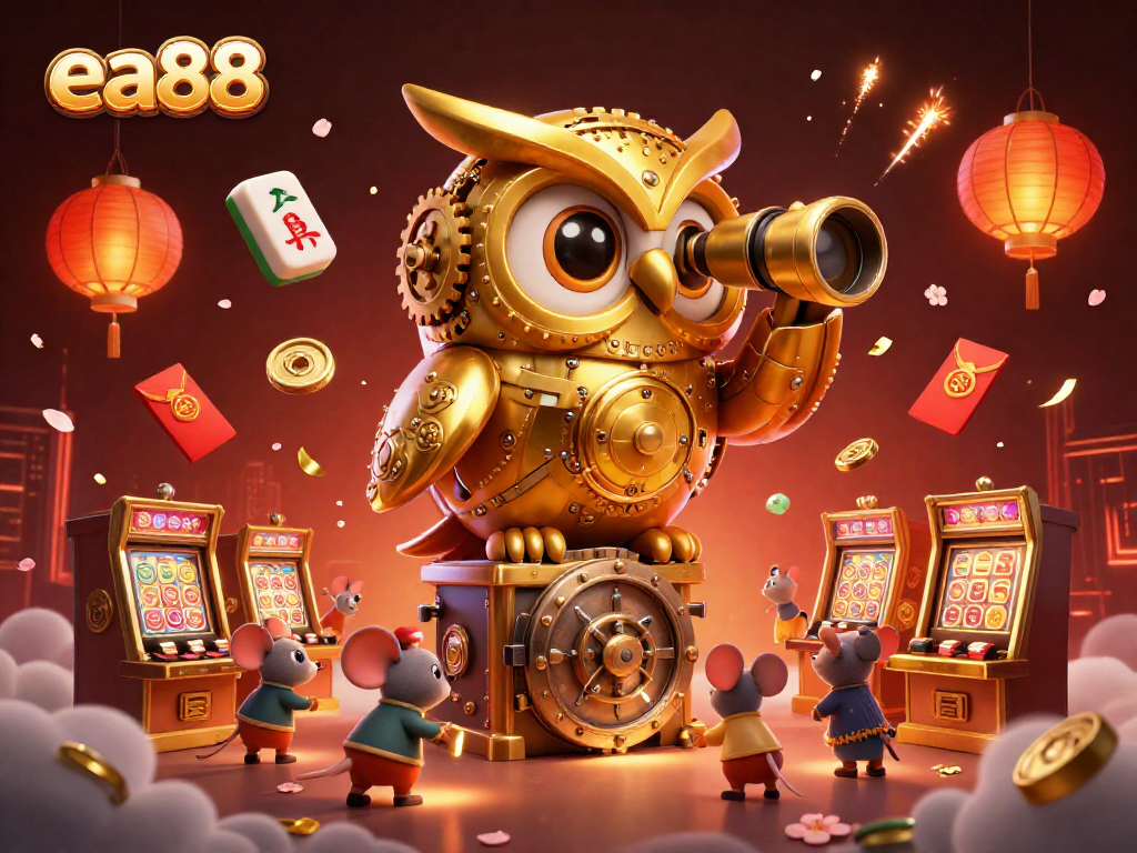 Experience the excitement of ea88 casino action with a captivating 3D illustration featuring a golden owl and vibrant casino elements.
