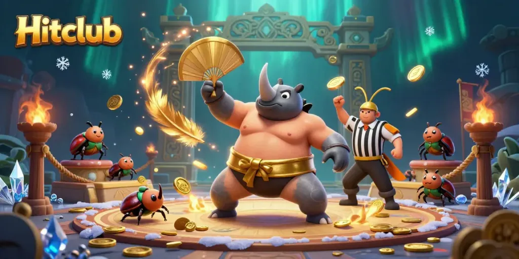 Join the Hitclub fun with a rhinoceros beetle champion as it celebrates a jackpot!