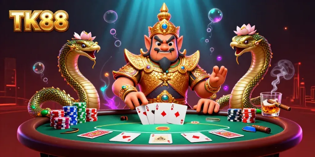 Experience winning moments with TK88's vibrant 3D casino illustration showcasing a lively poker scene.