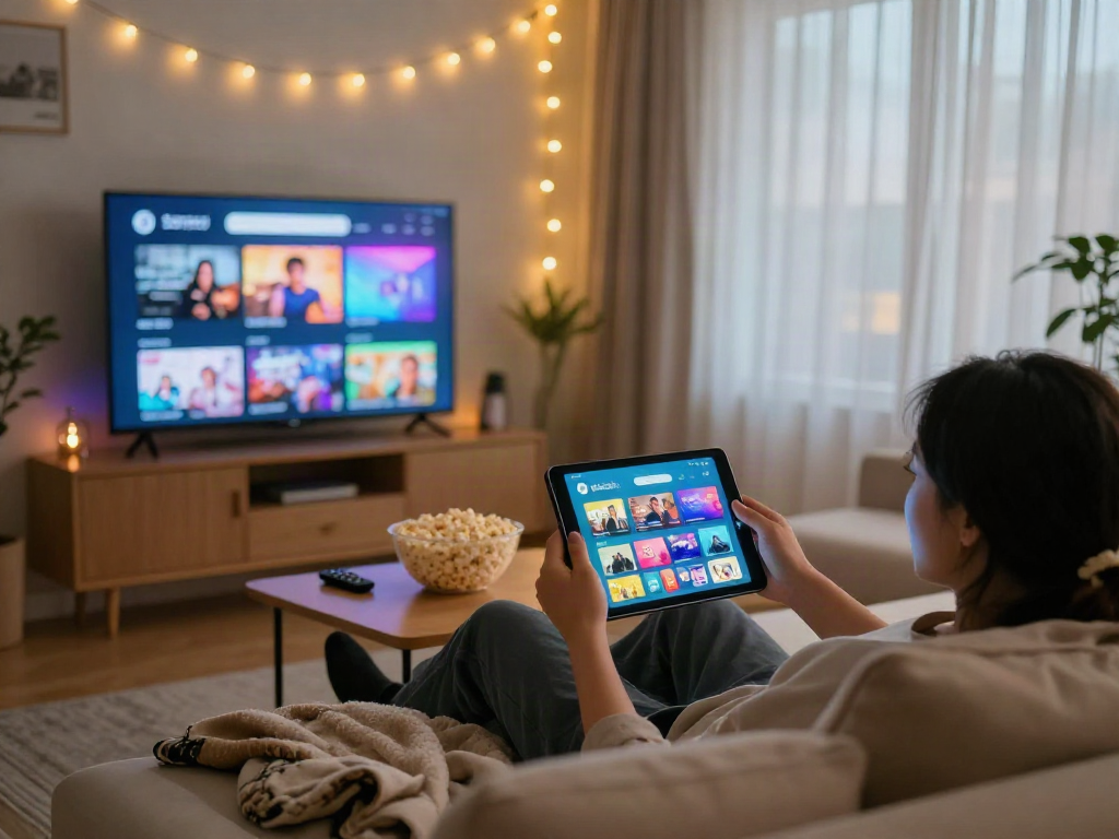 Engaged user enjoying the pikashow app in a cozy living room