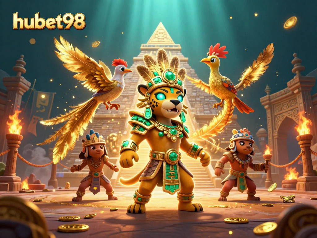 Experience the excitement of hubet98 with a vibrant 3D casino-themed illustration featuring a lively Mayan priest and gold coins.