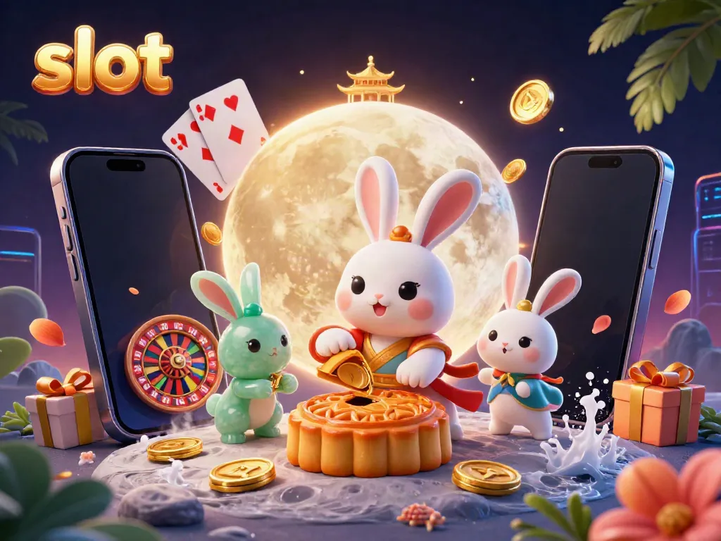 Mesin slot menarik chip poker dari kue bulan di permukaan bulan, dengan dekorasi kasino.