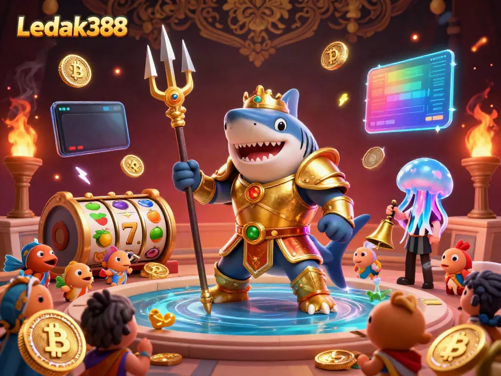 Experience the excitement of Ledak388's slot games with dynamic visuals of a tiger shark warrior and crypto elements.