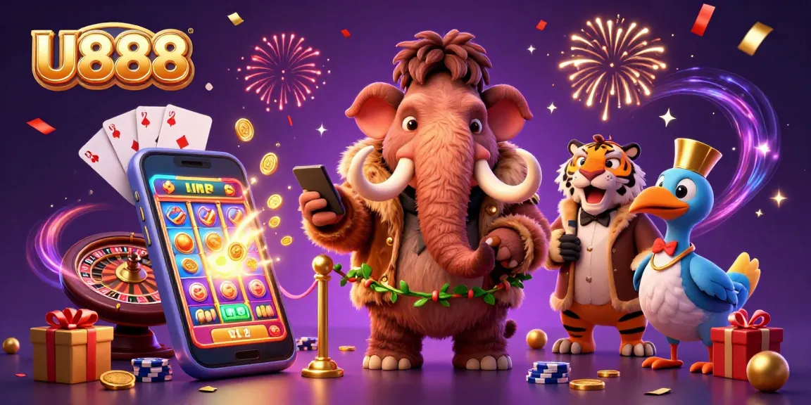 Experience U888's vibrant casino scene with a woolly mammoth bouncer and mint game action.