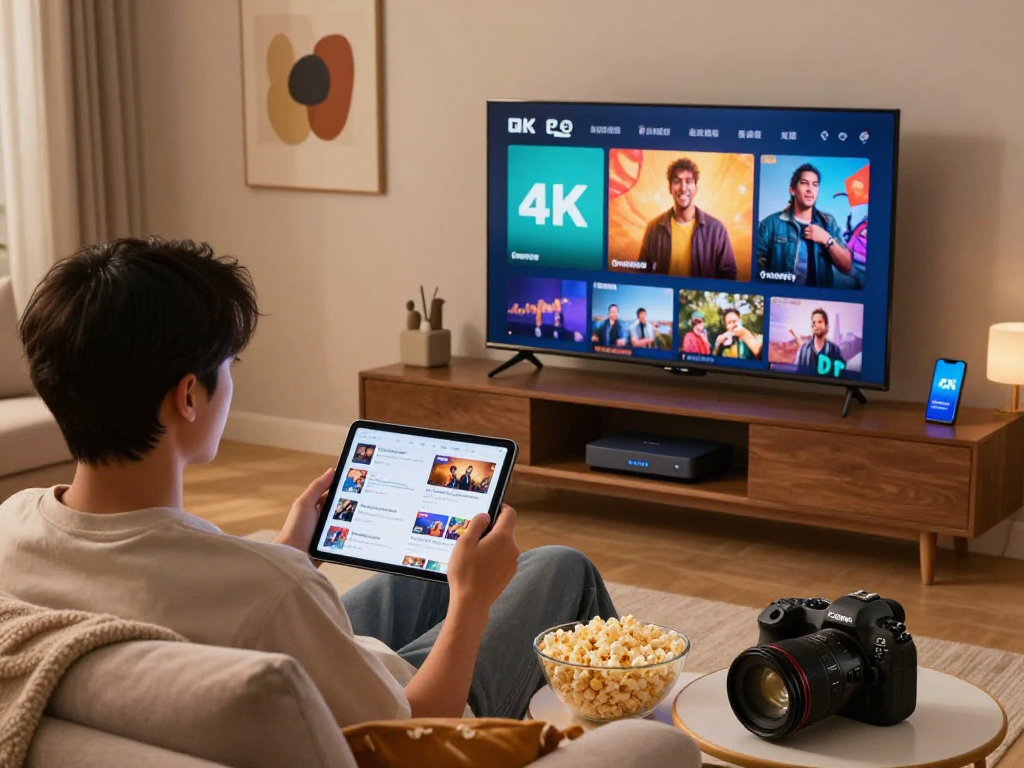 Hakuna IPTV biedt de beste streamingervaring met 4K-inhoud in een gezellige woonkamer.
