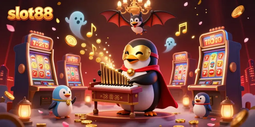 Experience thrilling slot88 action with a phantom penguin and acrobatic bat in a vibrant casino.