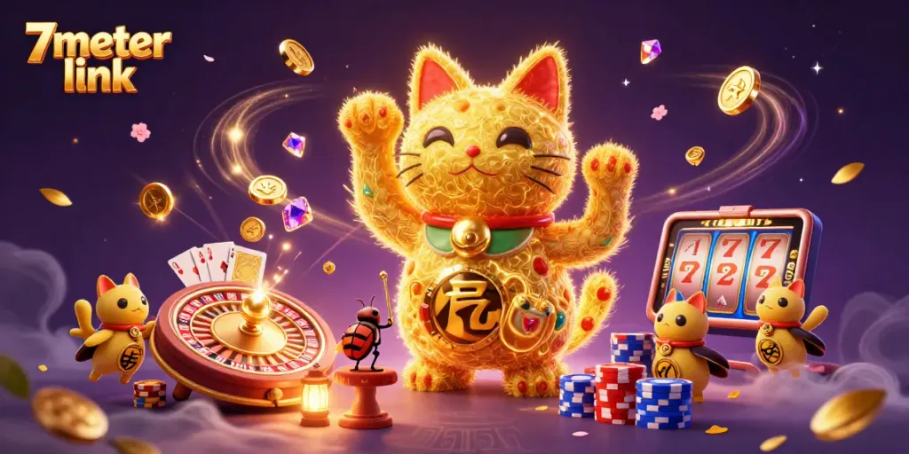 Engage with 7meter link in this vibrant casino scene featuring a lucky cat and dynamic symbols.