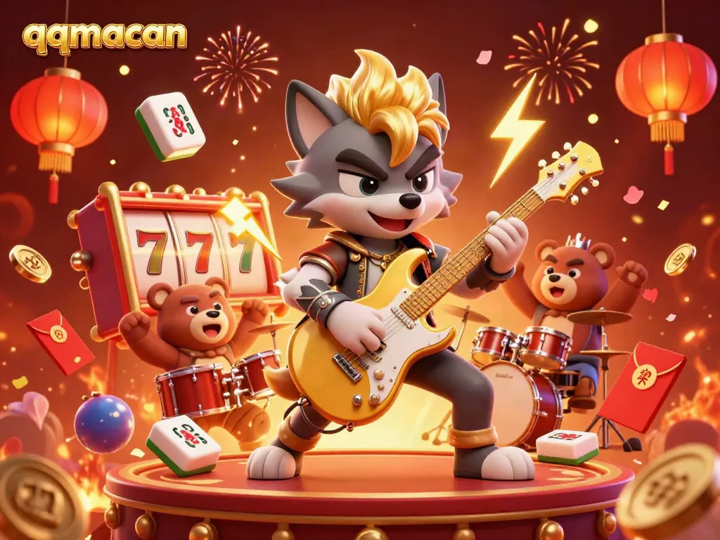 Engage in thrilling gaming with qqmacan featuring animated characters rocking on stage amid vibrant slot machines and festive decorations.