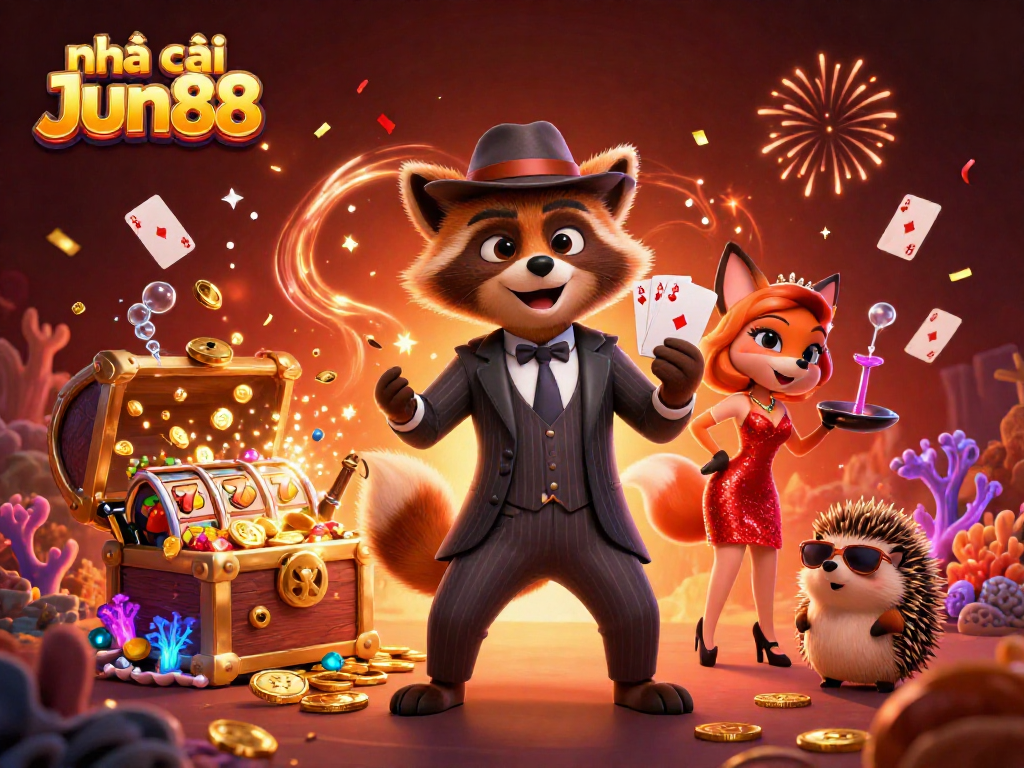 Experience the excitement at nhà cái Jun88 featuring a raccoon, fox, and hedgehog in a vibrant casino scene.