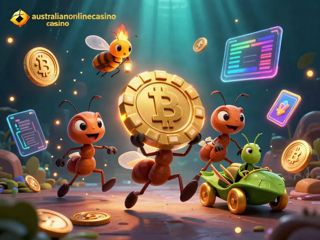 Secure your fortune at australianonlinecasino casino with an ant team heisting a giant poker chip.
