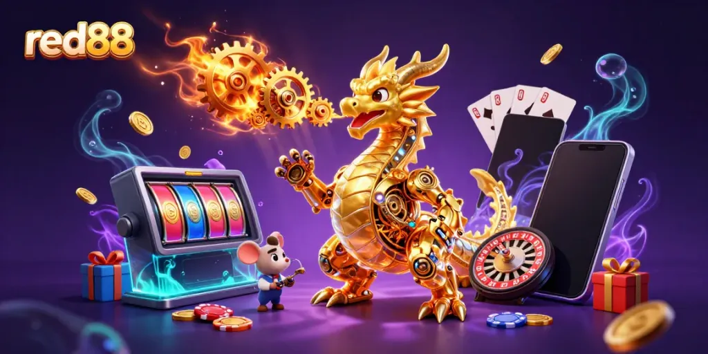 Experience thrilling gameplay with red88 as a golden dragon and casino elements burst into action.
