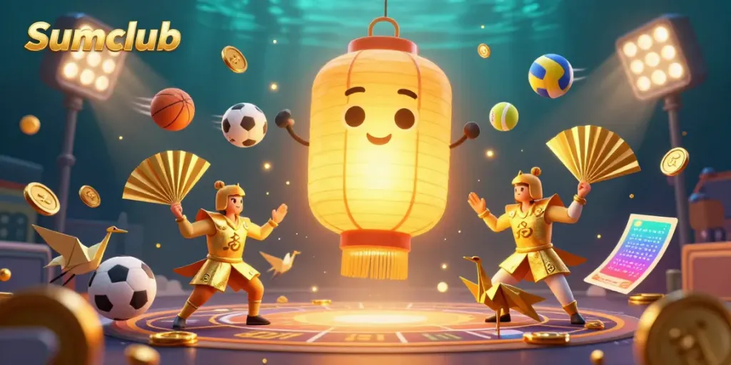 Engage in opportunities at Sumclub with vibrant 3D characters and casino elements showcasing a night market atmosphere.