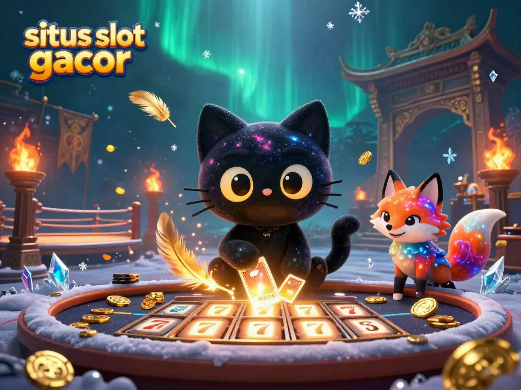 Experience magic with a cosmic black hole cat at a situs slot gacor table, surrounded by vibrant casino elements.