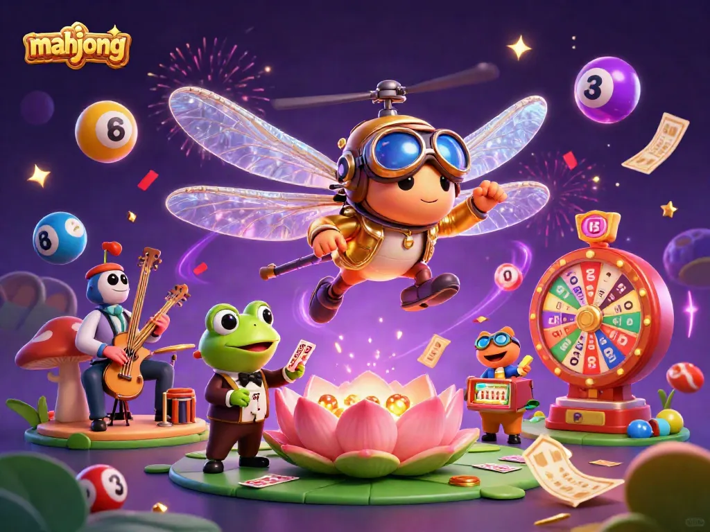 Engage in mahjong excitement with a vibrant 3D scene featuring whimsical characters, colorful game elements, and celebratory effects.