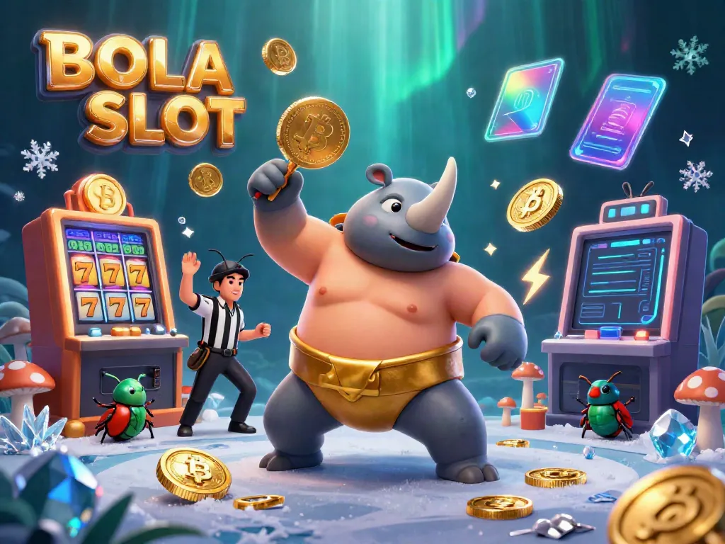 Experience the thrill of BOLA SLOT with a dynamic 3D illustration of a rhinoceros beetle champion amidst slot and crypto themes.