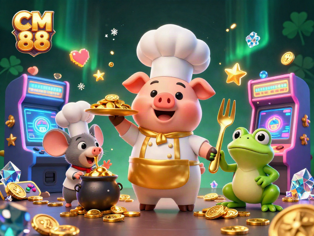 Spin the reels and win big with CM 88 in this vibrant casino scene full of gold and excitement.