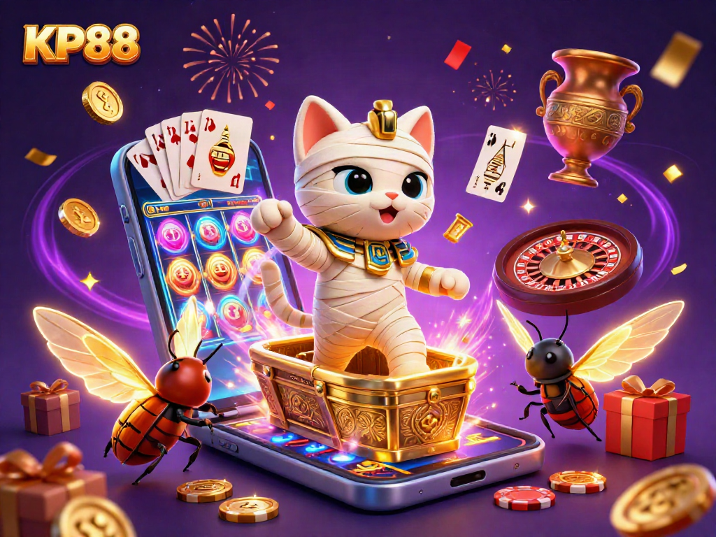 Experience KP88's thrilling casino adventures with a vibrant mummy cat and glorious visuals.