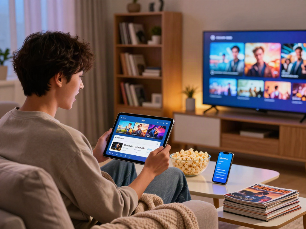Excited user exploring cocoflix apk on tablet in cozy living room.