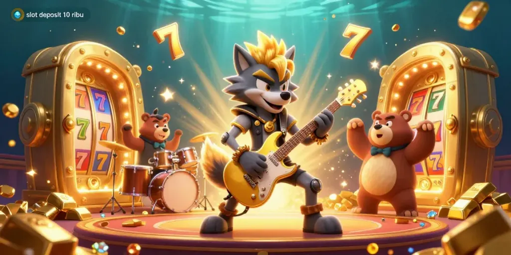Spin to win with slot deposit 10 ribu as a 3D cartoon rock star wolf and drummer bear rock out amidst floating gold and slot reels.