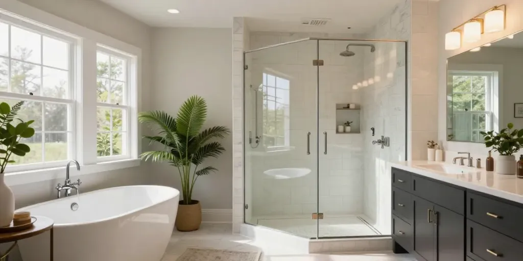 Elegant bathroom remodeling in Kirkland featuring luxury fixtures and natural light.