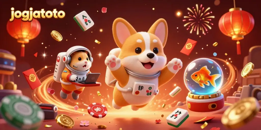 Experience the excitement of JOGJATOTO's casino with a playful astronaut corgi and a mission-control hamster in a vibrant cosmic setting.