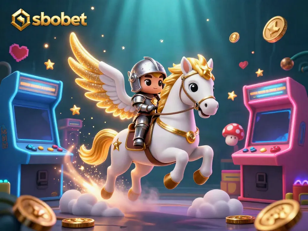 Engage in sbobet sports betting with a celestial horse and knight in a vibrant arcade.
