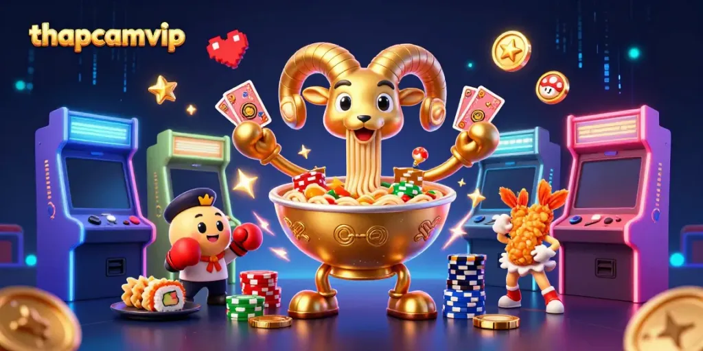 The thapcamvip image features a dynamic scene of a golden ramen bowl character stacking chips and dealing cards, capturing the spirit of online gambling.