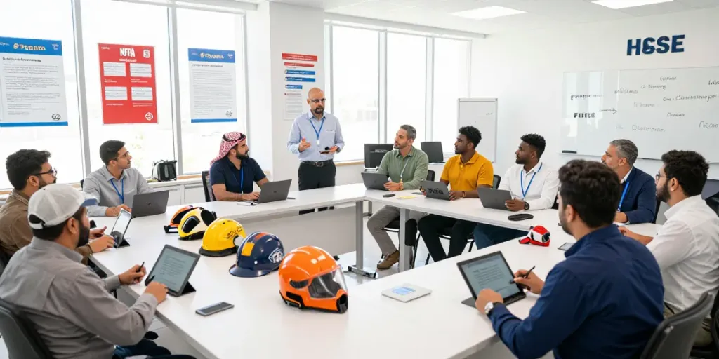 Training Institute Saudi Arabia providing health and safety education with diverse professionals in an interactive classroom.