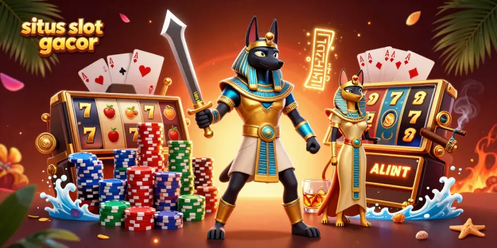 Spin the reels with situs slot gacor featuring Anubis and Bastet in an immersive casino scene.