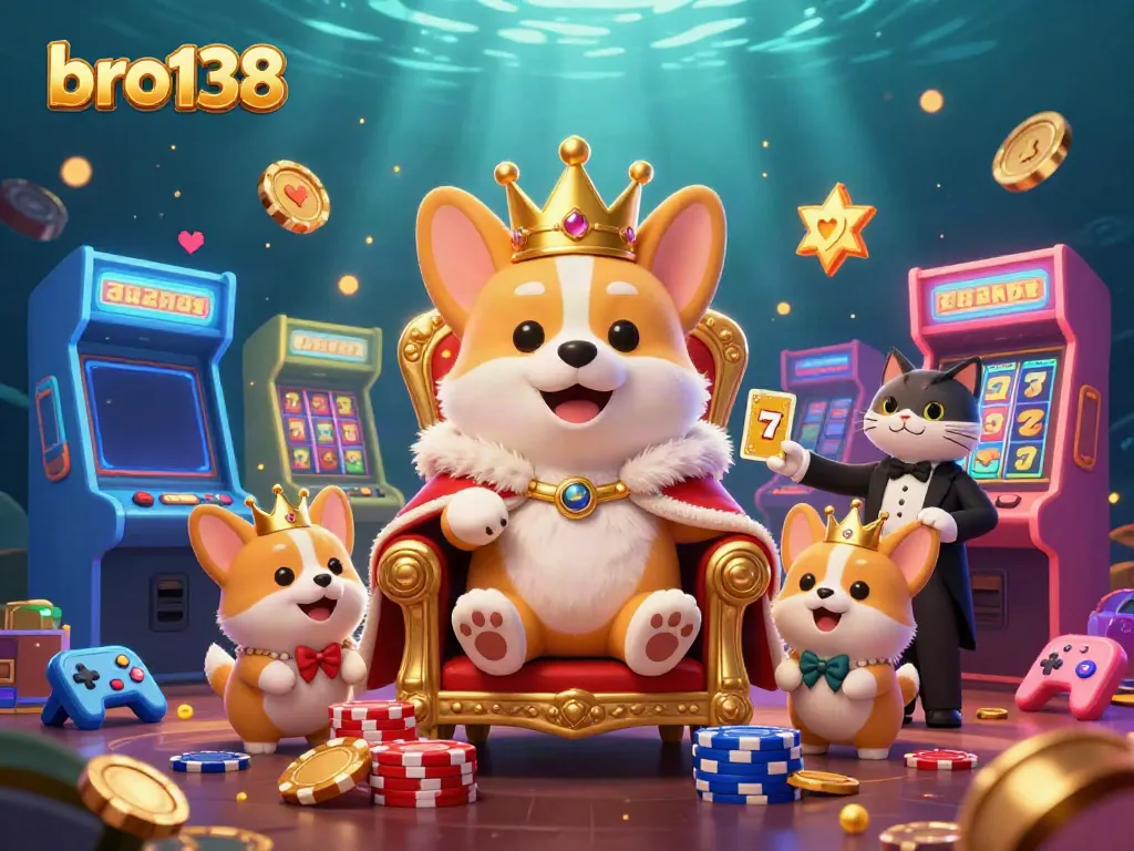 Experience gaming excitement with bro138's royale corgi surrounded by vibrant slots and dynamic game elements.