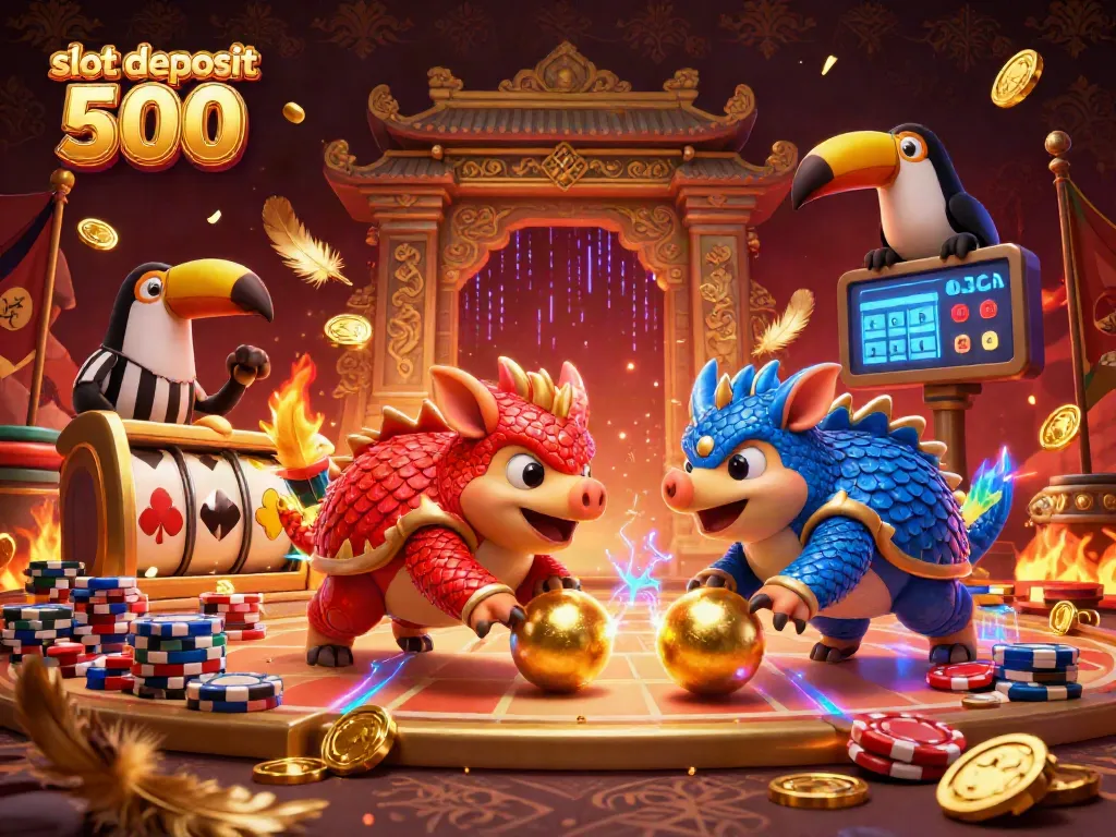 Experience the thrill of slot deposit 500 with animated pangolins bowling through coins and poker chips.