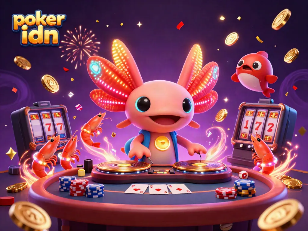 Permainan poker idn yang menarik dengan DJ axolotl dan elemen kasino yang penuh warna.